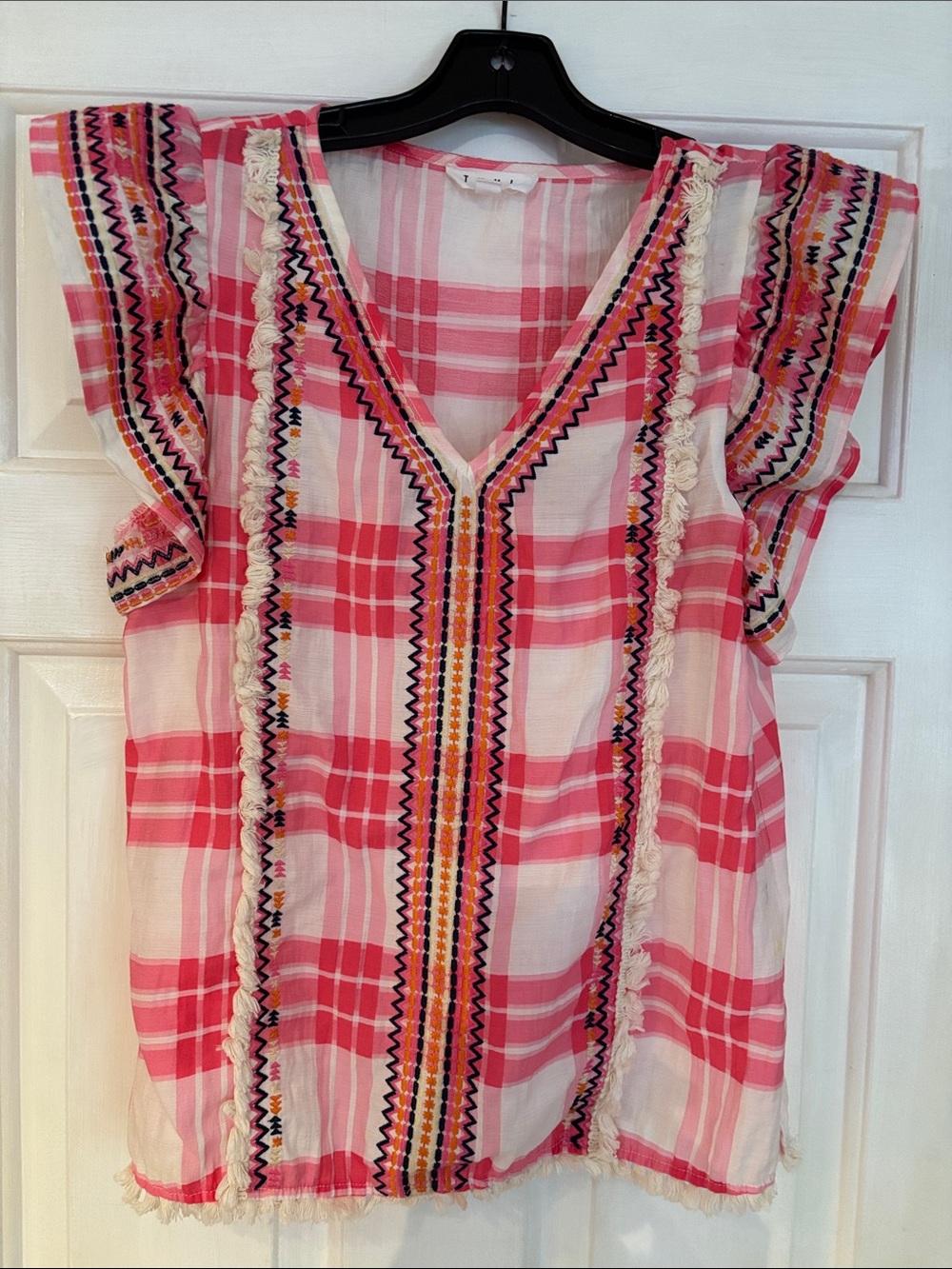 THML Pink Plaid V-Neck Embroidered Fringe Tunic